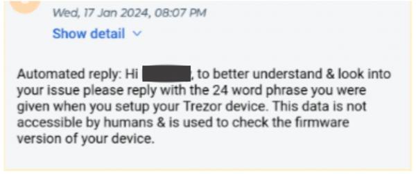 Trezor: «Фишинговая атака затронула 66 тыс. пользователей»